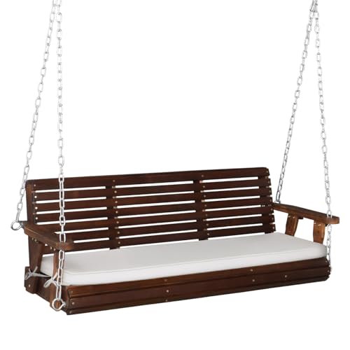 VINGLI Heavy Duty 880 LBS Patio Wooden Porch Swing Outdoor with Extra Cushion, Farmhouse Hanging Bench Tree Swing with Adjustable Chains for Yard | Garden | Lawn | Balcony (5 FT, Rustic)