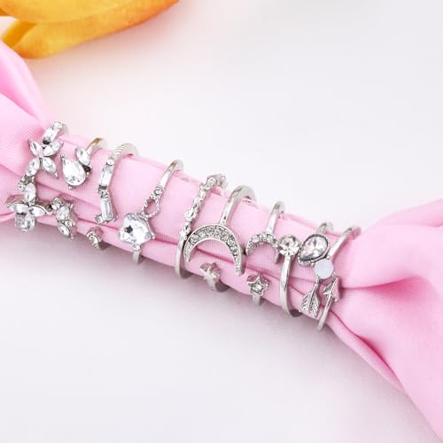 CSIYSNJRY99 Dainty Silver Rings for Women Boho Stackable Star Moon Flower Silver Rings Set for Teens Vintage Crystal Knuckle Stacking Rings4