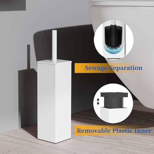 Image of RUACQ Toilet Brush and Holder Set, Square, White | SUS304 Stainless Steel Handle, Toilet Cleaner Brush with Durable Scrubbing Bristles, Splash-Proof