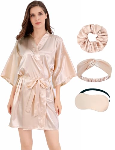 Image of MORFORU Women Bride Bridesmaid Silky Satin Kimono Robe Solid Color Sleepwear for Wedding Party Getting Ready, Short