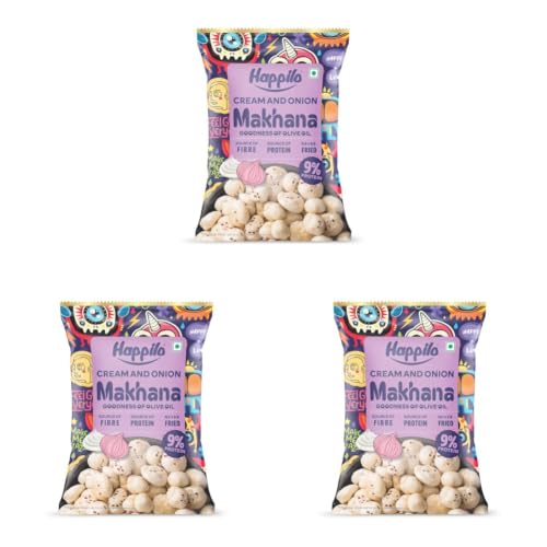 Image of Happilo Premium Super Snack Makhana Cream & Onion 55g | Roasted Foxnuts, Phool Makhana | Tasty & Crunchy Snacks (Pack of 3)