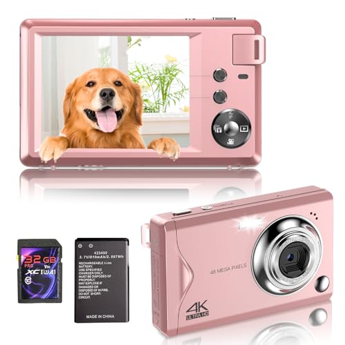 Cámara digital, 4K HD 1080P 48MP, cámara compacta, mini cámara digital con tarjeta SD de 32 GB FHD, cámara digital con pantalla LCD, zoom digital de 16 x para principiantes (cámara digital rosa)