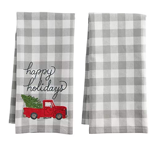 St. Nicholas Square Kitchen Hand Towels, Set Of 2, Happy Holidays Appliqued Embroidery Red Truck Grey And White Buffalo Plaid Flat Cotton Dishtowels For Home Decorating, 16.5 X 25 Inches #TOP6