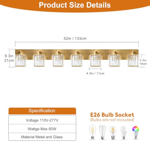 Image of Gold Crystal Bathroom Vanity Light, 7-Light Modern Bathroom Lighting Fixtures Over Mirror, Matte Gold Wall Sconce with Square Shade