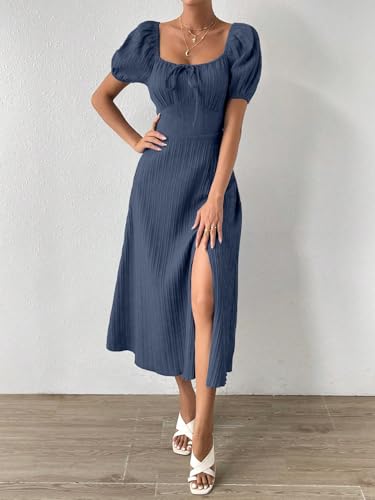 Image of Shasmi Women's & Girl's Tie Front Split Thigh Milkmaid Maxi Dress - Square Neck Puff Sleeve A-Line Long Dress, Elegant Casual & Parties Wear for Ledies (Dress 245)