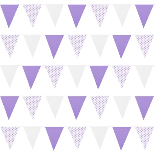 Image of Zwiebeco 39Ft Purple White Dot Fabric Bunting Banner Triangle Flags Hanging Cotton Garland Pennant for Wedding Birthday Tea Party Nursery Home Outdoor Garden Decorations