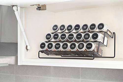 3 Tier Cabinet Spice Rack Organizer with 21 Empty Glass Spice Jars (4oz), 224 Spice Labels, Chalk Marker and Funnel Set, for Pantry, Cupboard or Countertop