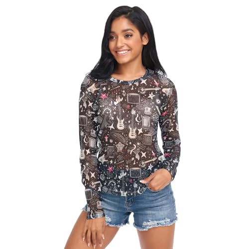 Women's Long Sleeve Mesh Top Rock and Roll Guitar See Through
