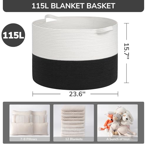 Image of INDRESSME 115L Extra Large Cotton Rope Blanket Basket, Woven Storage for Living Room Toy Baskets Kids Baby Laundry Hamper for Dirty Clothes, Pillows, White & Black