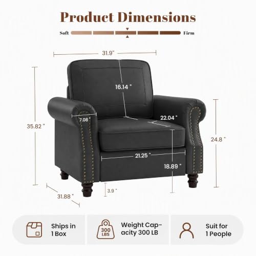 Image of Kingfun Faux Leather Accent Chair with Rolled Arms,Black
