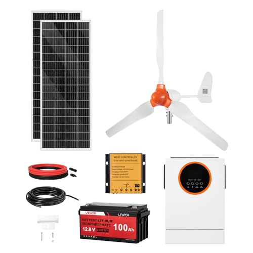 VEVOR Kit de Energía Solar Eólica de 12 V y 600 W con 2 Paneles Monocristalinos de 100 W, Turbina Eólica de 400 W, Batería LiFePO4 de 12,8 V y 100 Ah, Inversor Solar Híbrido de 1000 W para Barcos