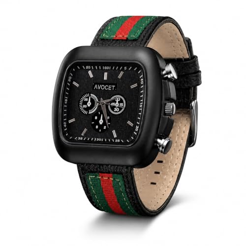 Image of AVOCET Men's Square Analog Watch, Black Dial with Chronograph Style Sub Dials, Green Red Striped Strap, Matte Black Case