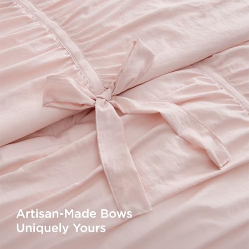 Image of Bedsure Ruched Comforter Set with Bow Trim Pink, GentleSoft 3 Pieces Bow Bedding Pink Room Decor, King Boho Bedding for Girls Teens Women, 1 Bed Comforter, 2 Pillow Shams, 104x90 Inches