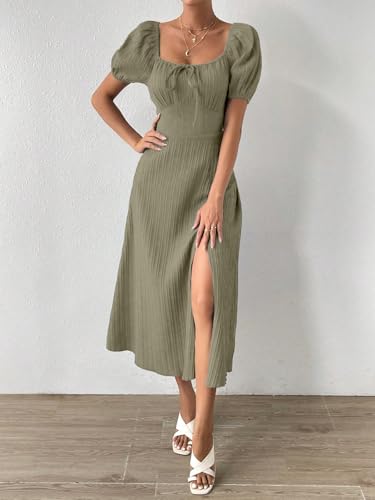 Image of Shasmi Women's & Girl's Tie Front Split Thigh Milkmaid Maxi Dress - Square Neck Puff Sleeve A-Line Long Dress, Elegant Casual & Parties Wear for Ledies (Dress 245)