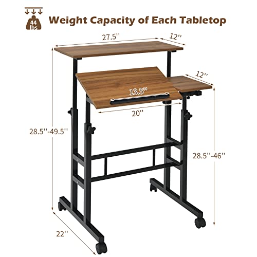 Costway Mobile Standing Desk, Laptop Cart With Flip-Over Desktop, Overbed Table With Wheels, Computer Desk For Standing Or Sitting, Height Adjustable Workstation For Home & Office (Walnut) #TOP6