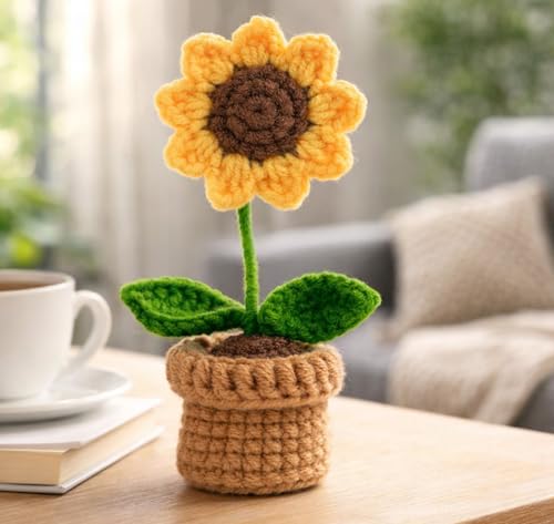 PANCA Crochet Sunflower Pot – Artificial Sunflower for Office Desk, Car Dashboard & Home Decor | Handcrafted Yarn Flower in Pot, for Wedding, Bedroom (Sunflower in Brown Knitted Pot)