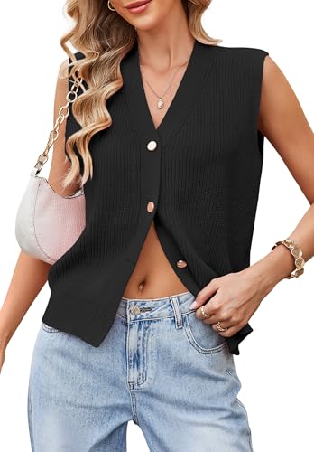 Image of Womens Button-Front Sweater Vest Top V Neck Sleeveless Knit Tank Fitted Halter Raceback Cardigan Vest