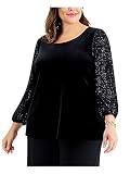 Alex Evenings Womens Black Sequined Long Sleeve Scoop Neck Party Top Plus 1X