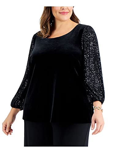 Alex Evenings Womens Black Sequined Long Sleeve Scoop Neck Party Top Plus 1X #TOP27