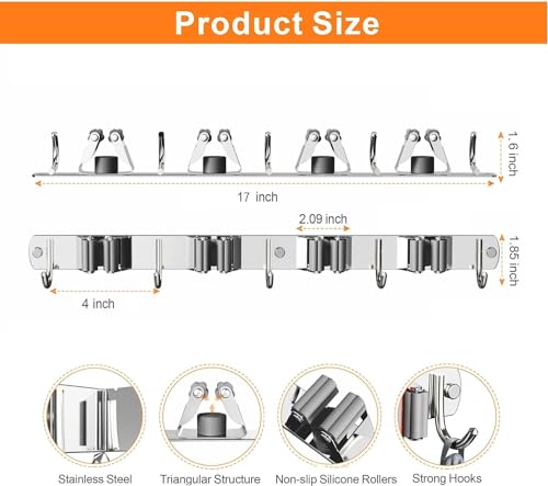 Image of Enclave Stainless Steel Mop and Broom Holder Wall Mounted Adhesive Storage Solutions for Broom mop etc, Garage Storage Systems Broom Organizer. (4 RACK 5 HOOK /SILVER, PACK OF 1)