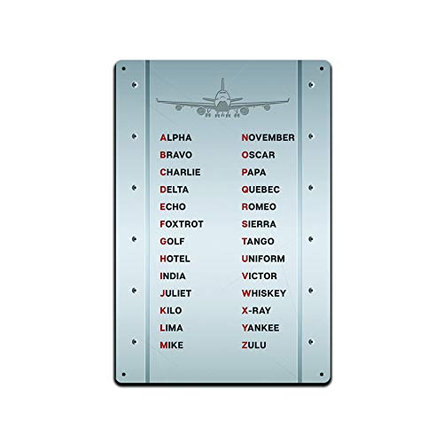Tin Signs Airplane Pilot Décor - Metal Sign 12 x 8 in. NATO Phonetic Alphabet Alpha Bravo Charlie Delta Echo