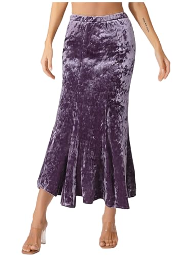 Hularka Womens Elegant Velvet Fishtail Skirt Elastic High Waist Vintage Bodycon Midi Mermaid Skirt