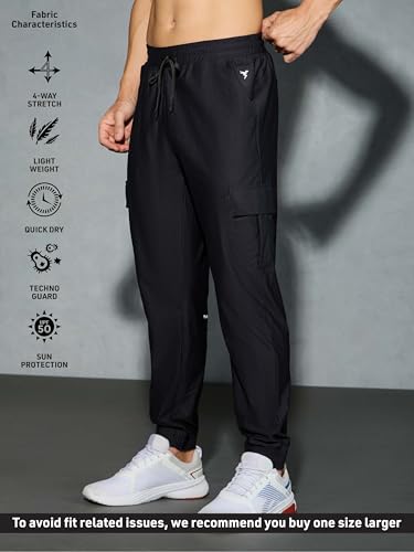 Image of TECHNOSPORT Men's Solid Slim Fit Sports Cargo Joggers DURACOOL+ Quick Dry Breathable Moisture Wicking Stretch Gym Track Pants Running Training Fitness Activewear