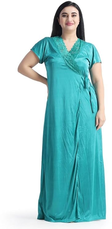 Image of Satin 6 Piece Nightwear Set, Coral Pink Lace Trim Sleepwear with Robe, Nighty, Top, Shorts, Lingerie Set for Women, Summer Collection-Mehndi Green.