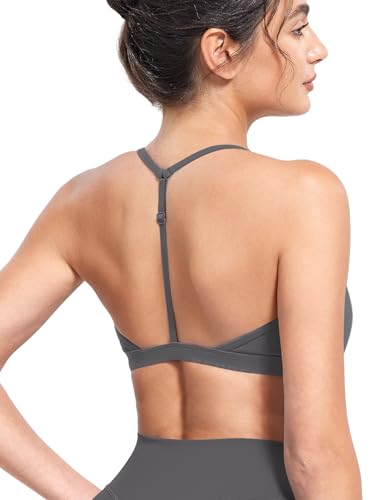 Image of YEOREO CoreFlex Sports Bras for Women Strappy Padded Halter Open Back Light Impact Deep V Neck Yoga Workout Gym Tops