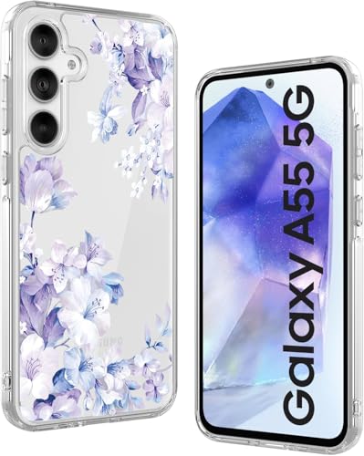 Image of VONZEE Clear Transparent Flower Case Compatible with Samsung Galaxy A55 5G, Shockproof Floral Design PC+TPU Back Cover, Camera Protection Slim Protective Phone Case for Women & Girls, Purple