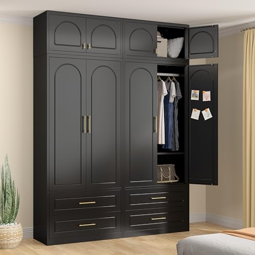 86" Wardrobe with Drawers, 71'' Armoire Wardrobe Closet with 15" Cabinet, Metal Clothes Storage Cabinet with Hanging Rod, for Bedroom School, Employee, Gym, Assembly Required, Black Black 86