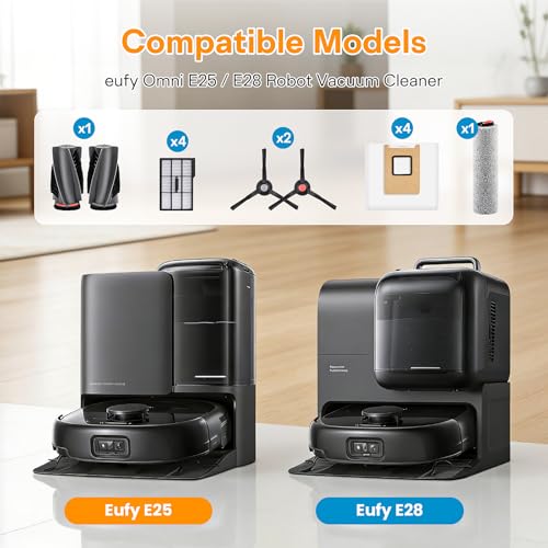 Image of 16 Pack Replacement Parts for eufy Omni E25 /E28 Robot Vacuum Cleaner | 1 Pairs Main Brushes 1 Roller Mop 4 HEPA Filters 4 Side Brushes 4 Dust Bags 1 Cleaning Brush