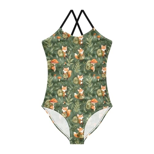senya Girls Swimsuits One-Piece Swimwear Tie Bathing Suit Beach Summer Round Neck 5-6T Cute Fox Pattern
