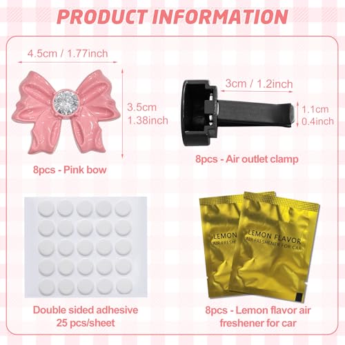 Image of 8 PCS Coquette Pink Bow Car Air Freshener Vent Clip, Cute Aesthetic Cars Scent Air Fresheners Vent Clips Decor, Crystal Rhinestone Automotive Interior Accessories for Women Girl
