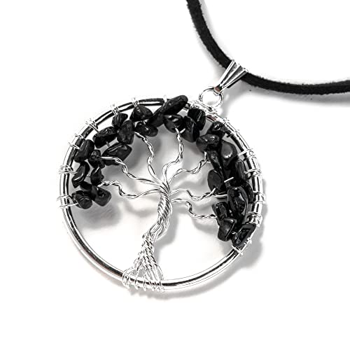 BESOULS Colgante mujer de piedras naturales con Turmalina negra piedra natural, Collar de mujer árbol de la vida Amuletos de la suerte y protección Regalo mujer original Cumpleaños (A.V Turmalina) Cover