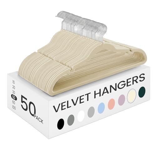 SONGMICS Velvet Hangers 50 Pack, Non-Slip Clothes Hangers, Suit Hangers with Shoulder Notches, Pants Bar, 360° Swivel Hook, Space-Saving, for Closet, Sand Beige UCRF029K05 Sand Beige 50 Pack