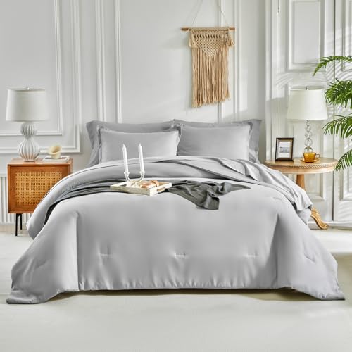 Image of Kids Comforter Sheet Set - Soft and Breathable Bed Set Includes Quilted Comforter, Fitted Sheet, Flat Top Sheet, Pillowcase and Pollowshams For Boys Girls - 7 Pieces Bed in a Bag Full Szie Gray