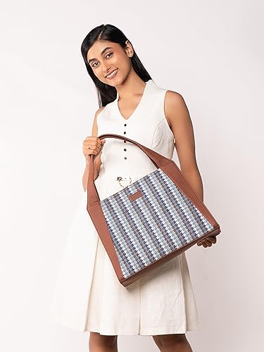 Image of ZOUK Printed Jute Handcrafted Vegan Leather Grey Women's Stylish Tote Bags | Trapezia Tote| Shoulder bag with double handle