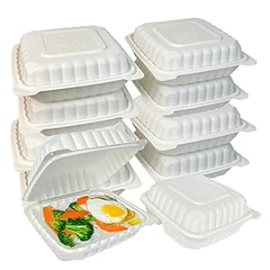 Inc 8″ Hinged Lid To-go Containers, (7.9*7.8*3.0*, 1Compartment),Takeout container, Disposable, Plastic, Microwaveable, Dishwasher Safe, Freezer Safe, Eco-friendly, Cornstarch