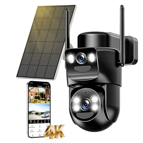 Cámara de vigilancia WiFi exterior inalámbrica de 8 MP, doble objetivo, 4 K, detección humana con panel solar, 360 °, cámara exterior, visión nocturna color, audio bidireccional, seguimiento