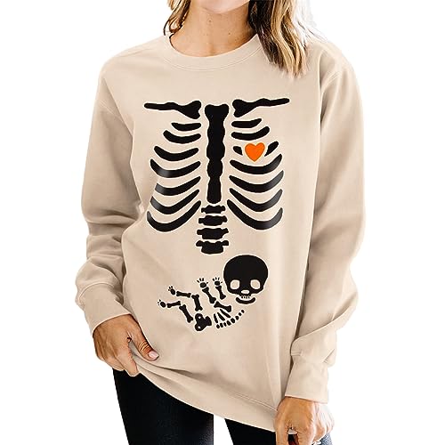 SOFEON Sudaderas de maternidad de esqueleto de rayos X de Halloween para mujer, cuello redondo, sin botones, para otoño, embarazo, anuncio, camisetas, Beige, M