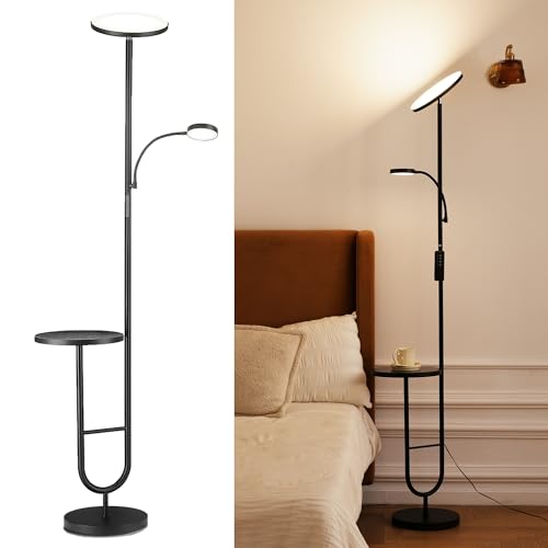 Stehlampe mit Tisch, 36W+7W LED Stehlampe dimmbar 3200LM+600LM Moderne Stehleuchte Wohnzimmer & Deckenfluter mit Fernbedienung, 2700K-6500K Schwarz Mi