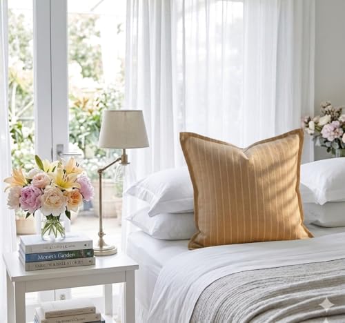 WWW.THROWPILLOW.IN Throw Pillow Beige Striped Linen Cushion Cover with Flange Edges, Soft Woven Decorative Pillow Cover for Sofa, Bedroom & Living Room Décor, 18x18 Inches, Easy-Going
