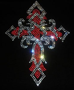Rhinestone Transfer " Red Twisted Cross " Hotfix, Iron On