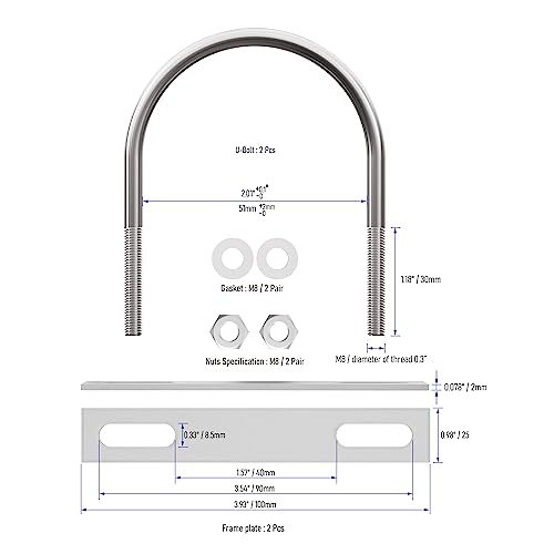 Image of 2 Sets 304 Stainless Steel Round Bend U-Bolts 2.01 inch(51mm) Inner Width 3.07 inch(78mm) Length M8 with Nuts, Frame Plate, Washers, Accessories for Boat Trailer Axle Sailboat Trailer