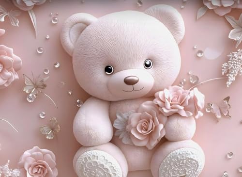 Image of Amazon Brand - Umi 7D Flat Bedsheet Sheet Set, Blue and White Floral Design, Decorative Bedding with Daisy Pattern, Kids Room Decor, 90X100 Inch (Pink Teddy Bear)