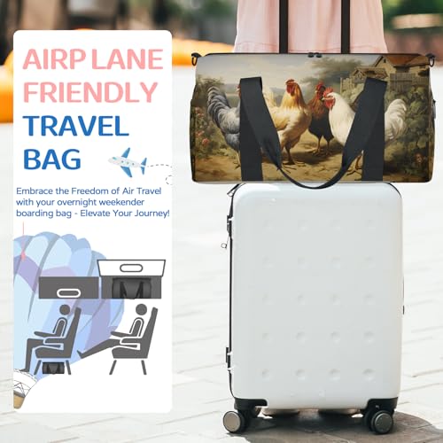 Farmhouse Rooster Chicken Sports Duffle Bag for Travel Waterproof Carry on Tote Bag with Adjustable Strap Travel Weekender Overnight Bags for Dance, Swim3