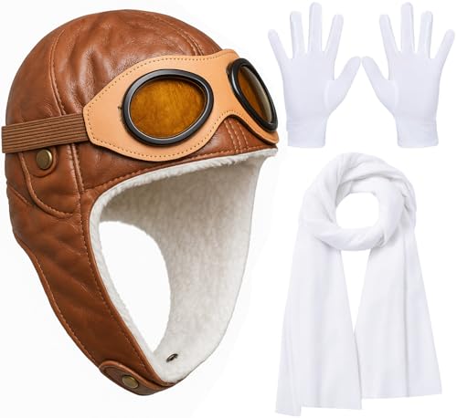 Pextian Aviator Hat with Goggles, White Scarf and Gloves, 3pcs