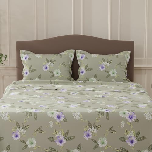 Image of Layers 100% Cotton Bedsheet for Double Size Bed | Lumina Floret Collection | 144 TC Soft & Breathable | Floral Print with 2 Pillow Covers | Wrinkle Free | 3 Piece Bedding Set - Grey & Purple