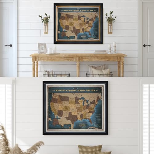 Image of DECORARTS - Personalized Framed USA Push Pin Travel Map in Deep Blue, Refined Vintage Explorer Style, Custom Name or Phrase, Blue Map Wall Decor Giclee Canvas for Living Room or Office, Made in USA